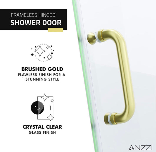 72 x 24 inch Frameless Shower Door in Brushed Gold | Fellow Water Repellent Glass Shower Door with Seal Strip Parts and Handle | 3/8 inch Glass Hinged Shower Door with Handle- NEW IN BOX!!!