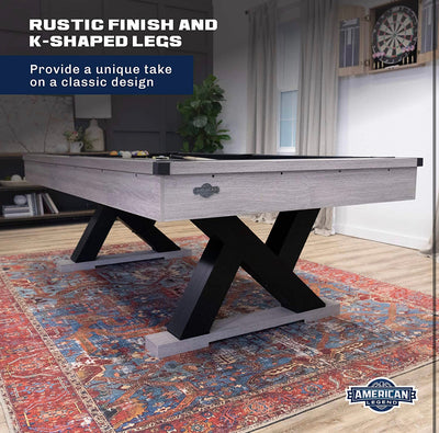 American Legend Kirkwood - 90-inch billiard table with rustic finish, K-shaped legs and black cloth, Brown!  -Brand new in the box (Assembly is required)  -Must bring truck or trailer for pick up!
