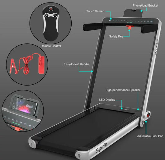SuperFit 2.25HP 2 in 1 Dual Display Folding Treadmill Jogging Machine W/APP Control Silver- NEW OUT OF BOX!! (Missing Remote)