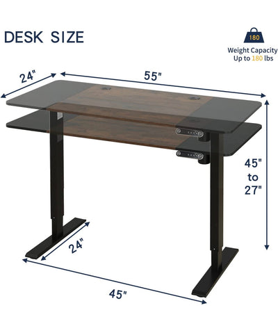 Electric Standing Desk,55 x 24 Inches Ergonomic Height Adjustable Desk with 4 Memory Settings, Sit Stand Home Office Desk with Splice Board, Black Frame/Rustic Brown Top- new in box