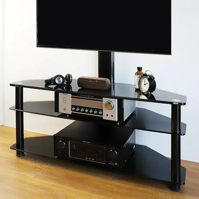 Rfiver Flat TV Stand for TVs up to 75 inch, Black Glass TV Stand Shelves with Swivel Mount**New in box**