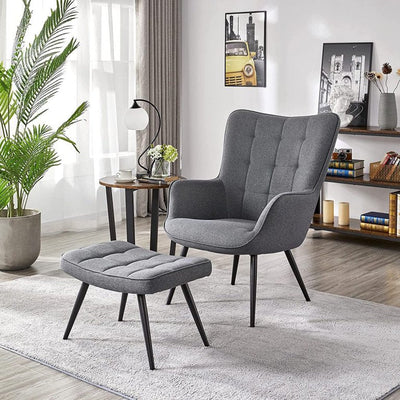 Yaheetech Modern Fabric Living Room Chair Accent Chair Set Casual Upholstered Armchair with Footrest Single Sofa Club Chair and Ottoman Set for Living Room Bedroom Office Small Spaces, Grey**New and assembled**