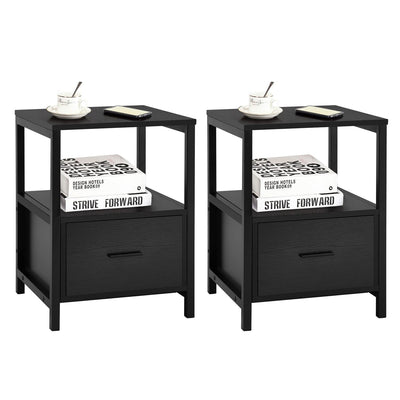 VECELO Nightstand Set of 2 with Drawer Modern Square End Side Table for Storage Open Shelf in Bedroom, Living Room, Small Space, Stable Metal Frame, Black, 2 Pack**New in box**
