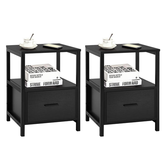 VECELO Nightstand Set of 2 with Drawer Modern Square End Side Table for Storage Open Shelf in Bedroom, Living Room, Small Space, Stable Metal Frame, Black, 2 Pack**New in box**