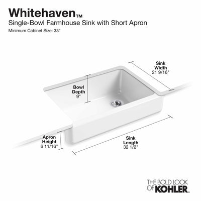 KOHLER 5826-0 Whitehaven Farmhouse Self-Trimming Undermount Single-Bowl Sink with Short Apron, 33 Inch, White**New in box,chipped from shipping**