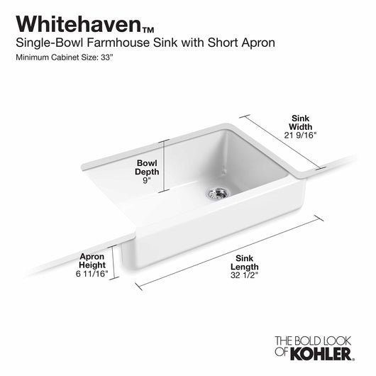 KOHLER 5826-0 Whitehaven Farmhouse Self-Trimming Undermount Single-Bowl Sink with Short Apron, 33 Inch, White**New in box,chipped from shipping**