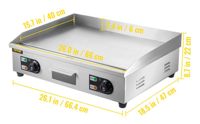 VEVOR Electric Countertop Commercial Flat Top Griddle, 26” Teppanyaki Grill, 3200 Watt, 120F-570F Temp Range, NO PLUG!! NEW OUT OF BOX, MINOR DENTS FROM SHIPPING(PHOTOS SHOWN)!!