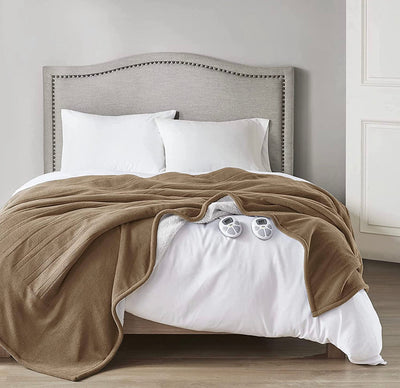 Serta Reversible Fleece to Sherpa Electric Blanket Fast Heating Soft Cover, Safety Auto Shut Off Timer, Low EMF, Multi Heat Setting, ETL Certified, Machine Washable, Stone Brown King (90 in x 100 in)- new