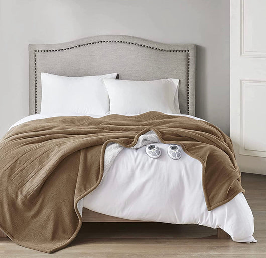 Serta Reversible Fleece to Sherpa Electric Blanket Fast Heating Soft Cover, Safety Auto Shut Off Timer, Low EMF, Multi Heat Setting, ETL Certified, Machine Washable, Stone Brown King (90 in x 100 in)- new