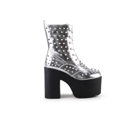 Ochotoros Brogue Spiked Women's Platform Festival Rave Combat Ankle Boots in Silver- NEW IN BOX (Worn once for modeling purposes!)