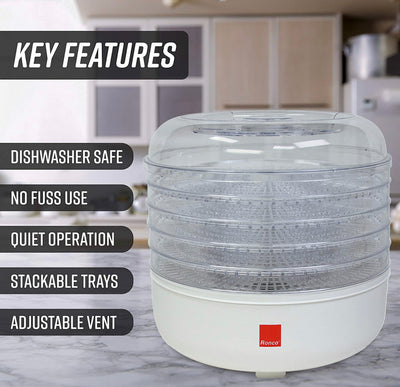 Ronco 5-Tray Dehydrator, Food Preserver Quiet & Easy Operation, for Beef, Turkey, Chicken, Fish Jerky, Fruits, Vegetables, Classic White- slightly used - like new in box