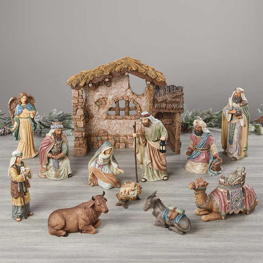Kirkland Signature Nativity Set, 13-Piece Set- new in box - cow is missing right front leg