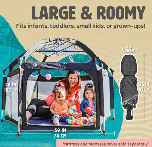 POP 'N GO Premium Indoor and Outdoor Baby Playpen - Portable, Lightweight, Pop Up Pack and Play Toddler Play Yard w/ Canopy and Travel Bag - Black- new in box