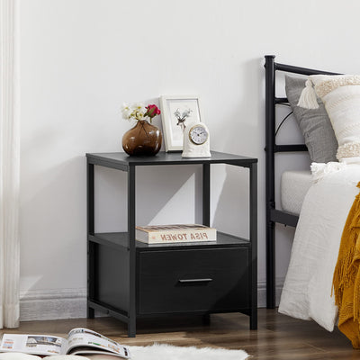 VECELO Nightstand Set of 2 with Drawer Modern Square End Side Table for Storage Open Shelf in Bedroom, Living Room, Small Space, Stable Metal Frame, Black, 2 Pack**New in box**