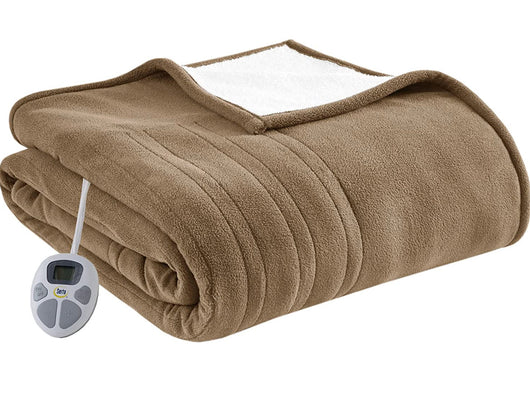 Serta Reversible Fleece to Sherpa Electric Blanket Fast Heating Soft Cover, Safety Auto Shut Off Timer, Low EMF, Multi Heat Setting, ETL Certified, Machine Washable, Stone Brown King (90 in x 100 in)- new