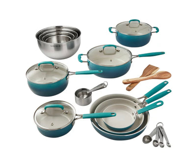 The Pioneer Woman 25 Piece Ceramic Nonstick Aluminum Easy Clean Cookware Set, Ombre Teal- NEW IN BOX!!!!