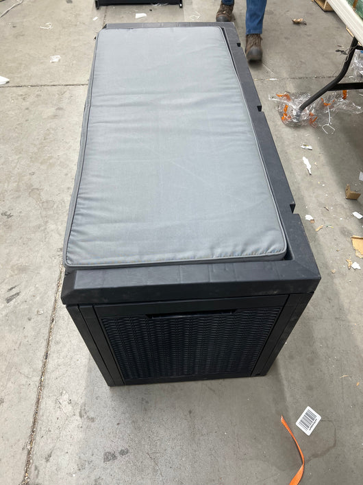 Suncast Outdoor 50 Gal Resin Deck Box with Seat, Black!! USED, MISSING ONE HINGE AND HAS MINOR CRACK(FUNCTIONS PROPERLY)!!