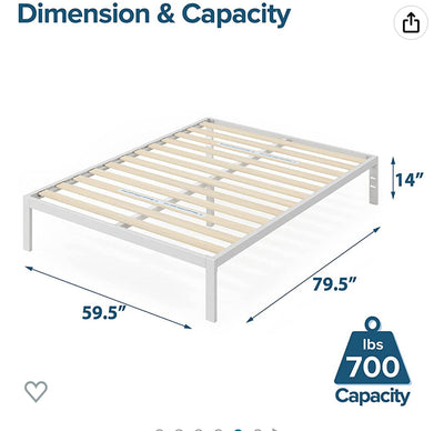 ZINUS Mia Metal Platform Bed Frame / Wood Slat Support / No Box Spring Needed / Easy Assembly, White, Queen- new in box