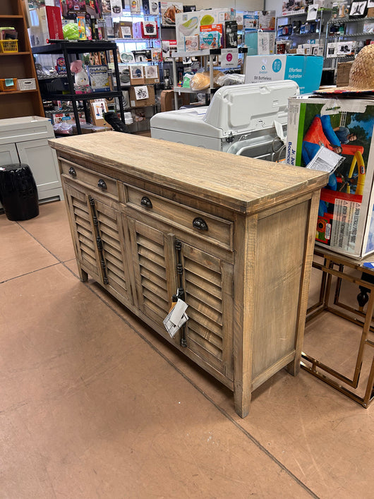 Sunset Trading Cottage Shutter Door Credenza Solid Wood Sideboard | Fully Assembled Cabinet Buffet Server, 58" Wide, Distressed Driftwood Brown!
