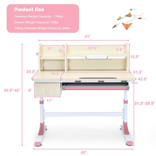 Costway Adjustable Height Kids Study Desk Drafting Table with Bookshelf & Hutch, Pink!   -New in the box