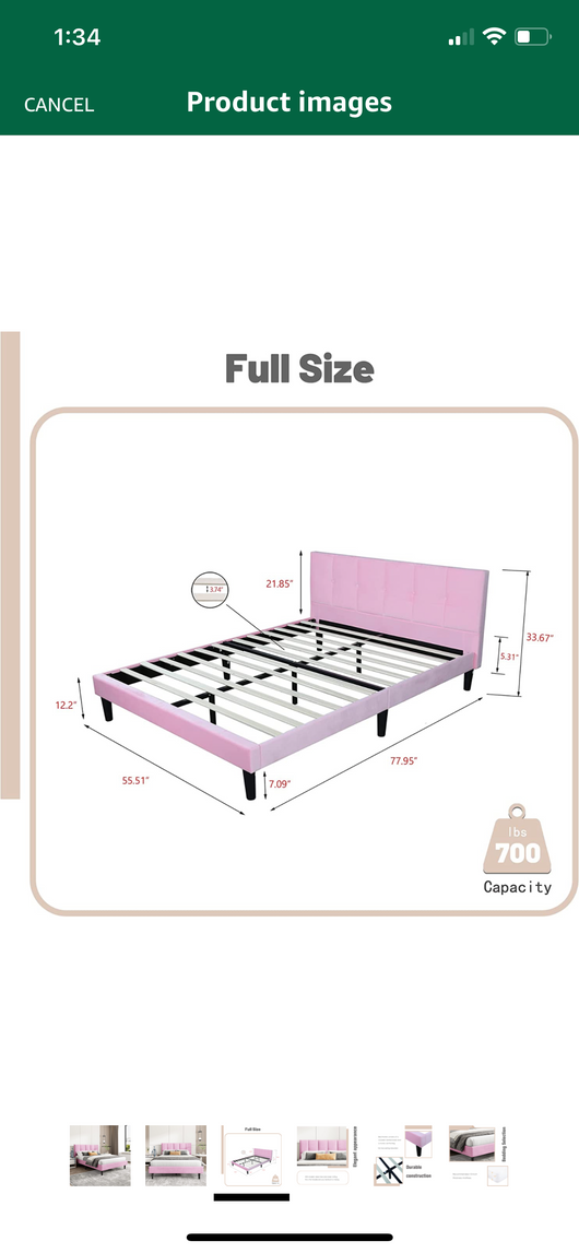 Zoophyter Upholstered Platform Bed Frame Full Size with Headboard, Central Metal Wood Slat Support, Pink (new in the box)