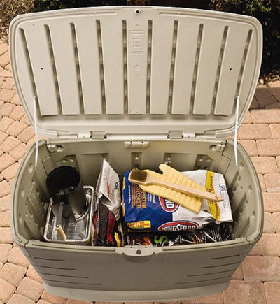 Rubbermaid Outdoor Large Deck Box with Seat, Green, 73 Gallon- NEW AND ASSEMBLED, MINOR SHIPPING DAMAGE (PHOTOS SHOWN)!!