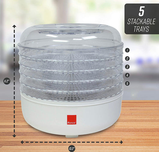Ronco 5-Tray Dehydrator, Food Preserver Quiet & Easy Operation, for Beef, Turkey, Chicken, Fish Jerky, Fruits, Vegetables, Classic White- slightly used - like new in box