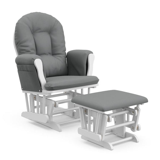 Storkcraft Hoop Glider and Ottoman, White Finish with Gray Cushions**New in Box**