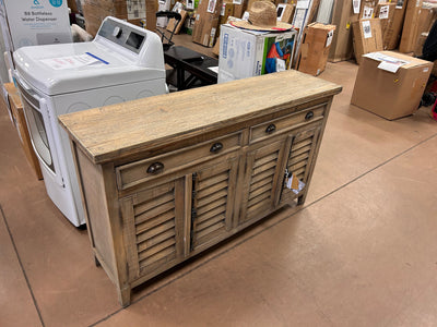 Sunset Trading Cottage Shutter Door Credenza Solid Wood Sideboard | Fully Assembled Cabinet Buffet Server, 58" Wide, Distressed Driftwood Brown!