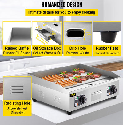 VEVOR Electric Countertop Commercial Flat Top Griddle, 26” Teppanyaki Grill, 3200 Watt, 120F-570F Temp Range, NO PLUG!! NEW OUT OF BOX, MINOR DENTS FROM SHIPPING(PHOTOS SHOWN)!!