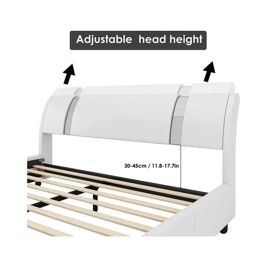 Homfa Full Size Bed Frame, Modern Leather Upholstered Platform Bed Frame with Adjustable Headboard, White**New in box**
