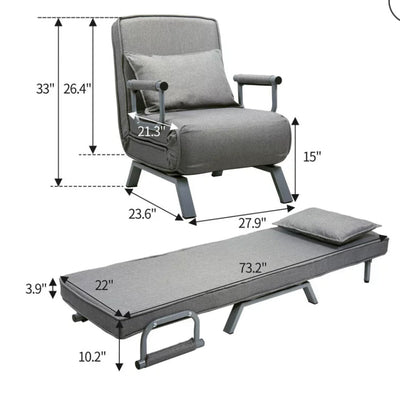 Jaxpety Sofa Bed Fabric Folding Chaise Lounge Convertible Single Sleeper Sofa Chair with Armrest and Pillow,Gray- NEW AND ASSEMBLED!!!