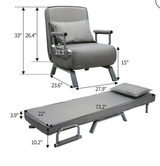 Jaxpety Sofa Bed Fabric Folding Chaise Lounge Convertible Single Sleeper Sofa Chair with Armrest and Pillow,Gray- NEW AND ASSEMBLED!!!