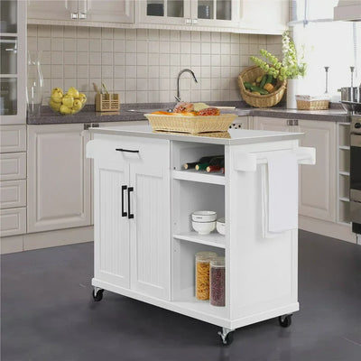 Yaheetech Kitchen Island Cart with Stainless Steel Top & Storage, Kitchen Island on Wheels with Drawer & Open Shelves,White**New in box**