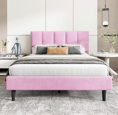 Zoophyter Upholstered Platform Bed Frame Full Size with Headboard, Central Metal Wood Slat Support, Pink (new in the box)
