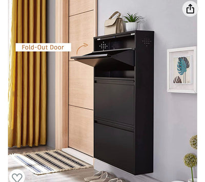 SPACEROCK 3 Drawer Shoe Storage Cabinet Wall Mounted & No-Assembly 25“ Metal Shoe Cabinet for Entryway, Hallway, and Corridor, Holds 12 Pair Shoes, Black- NEW IN BOX