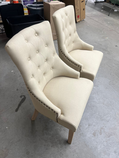 Roundhill Furniture Button Tufted Solid Wood Wingback Hostess Chairs with Nail Heads, Set of 2, Tan- NEW AND ASSEMBLED!!!