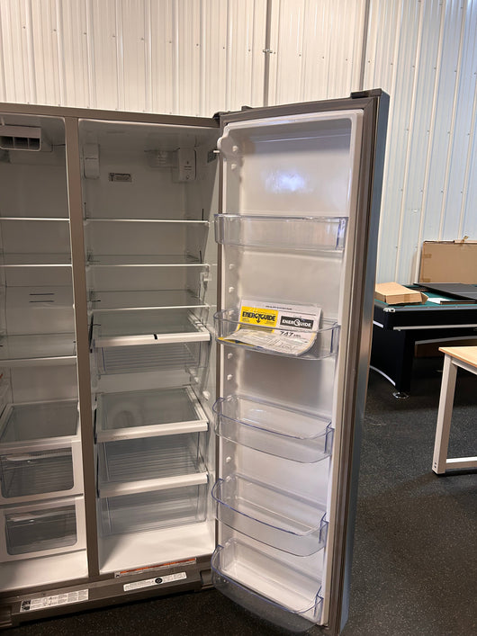Whirlpool 28.4-cu ft Side-by-Side Refrigerator with Ice Maker (Fingerprint Resistant Stainless Steel)!  -Brand new but was very lightly dented on the right edge of one door, photos shown