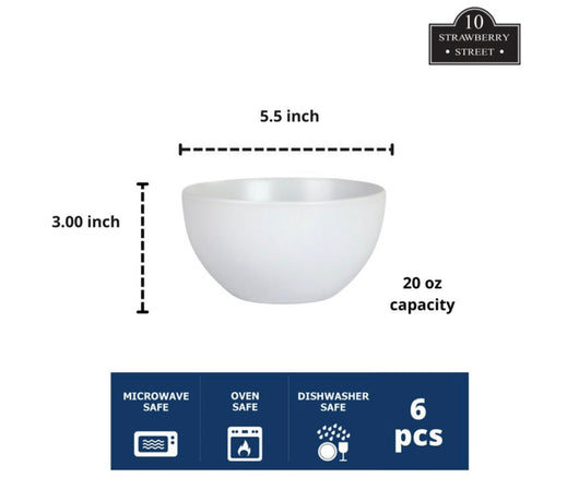 10 Strawberry Street Wazee Matte 5.5"/20oz Cereal Bowl, Set of 6, White- NEW IN BOX!!!