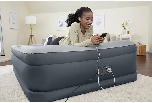 SLEEPLUX Queen Air Mattress | Supersoft Snugable Top, Extra Durable Tough Guard with Built-in Pillow | Raised 22" Airbed with Built in Pump + USB Charger, Grey (69093E)- new in box