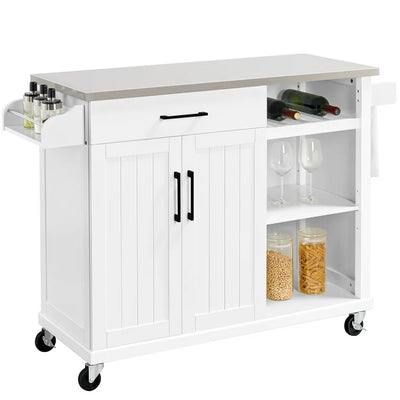 Yaheetech Kitchen Island Cart with Stainless Steel Top & Storage, Kitchen Island on Wheels with Drawer & Open Shelves,White**New in box**