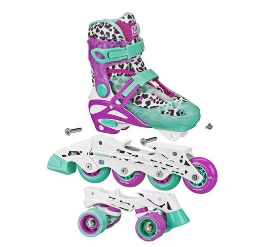Roller Derby Sprinter Girl's 2-in-1 Quad Roller and Inline Skates Combo, Leopard (Size 12-2)- NEW IN BOX!!!!
