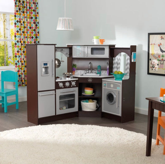 REDUCED!!! KidKraft Ultimate Corner Play Kitchen with Lights & Sounds - Espresso- NEW IN BOX!!!
