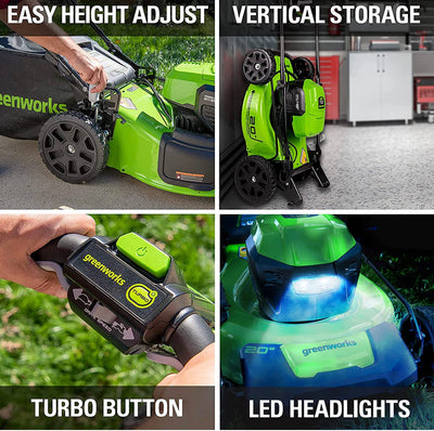 Greenworks 48V 20" Brushless Cordless Push Lawn Mower + 24V Brushless Drill / Driver, (2) 4.0Ah USB Batteries (USB Hub) and Dual Port Rapid Charger Included (2 x 24V)- NEW IN BOX
