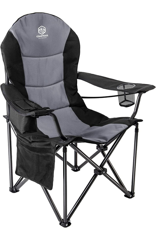 Coastrail Outdoor Camping Chair Oversized Padded Folding Quad Arm Chairs with Lumbar Back Support, Cooler Bag, Cup Holder & Side Pocket, Extra Head Pocket, Supports 400 lbs,Black- NEW OUT OF BOX!!!