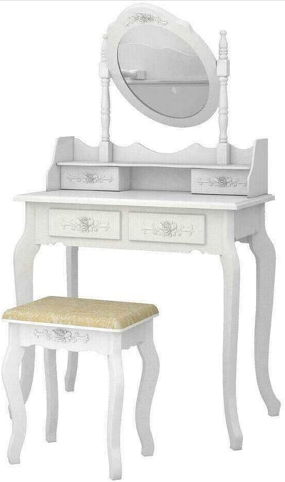 White Vanity Jewelry Makeup Dressing Table Set W/Stool 4 Drawer Mirror Wood Desk- NEW IN BOX!!!!