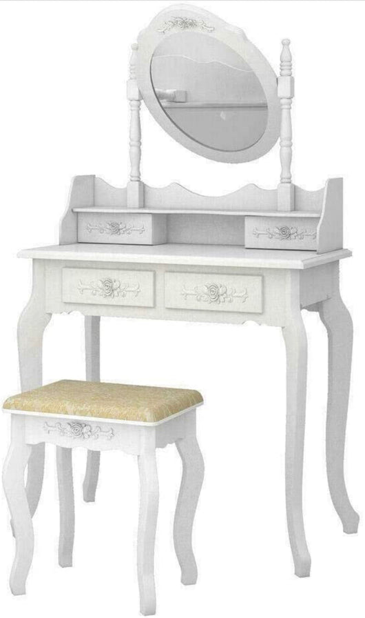 White Vanity Jewelry Makeup Dressing Table Set W/Stool 4 Drawer Mirror Wood Desk- NEW IN BOX!!!!
