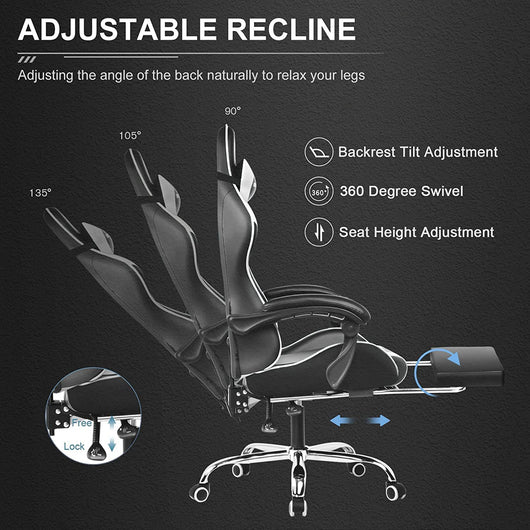 GTPLAYER Gaming Chair, Computer Chair with Footrest and Lumbar Support, Height Adjustable Game Chair with 360°-Swivel Seat and Headrest and for Office or Gaming (White)**New and Assembled**