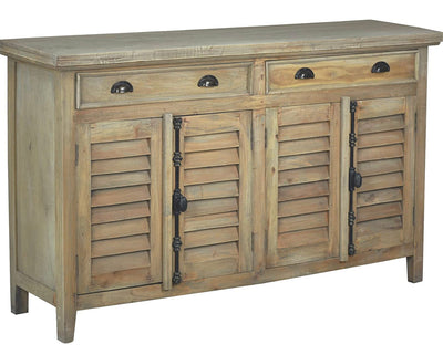 Sunset Trading Cottage Shutter Door Credenza Solid Wood Sideboard | Fully Assembled Cabinet Buffet Server, 58" Wide, Distressed Driftwood Brown!