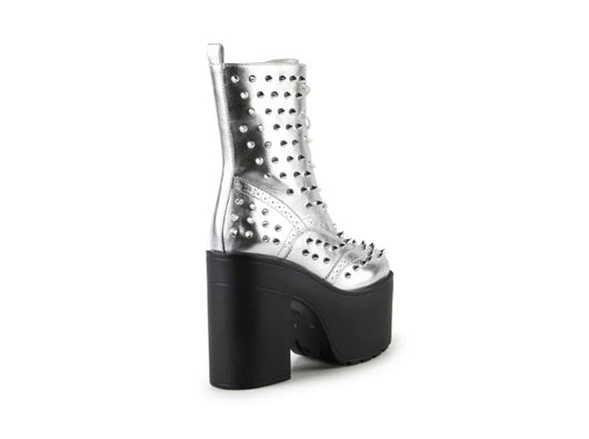 Ochotoros Brogue Spiked Women's Platform Festival Rave Combat Ankle Boots in Silver- NEW IN BOX (Worn once for modeling purposes!)